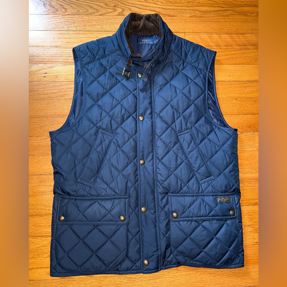 Ralph Lauren Polo Club Men’s Suede Trim Quilted Vest Vintage Full zip Blue Large